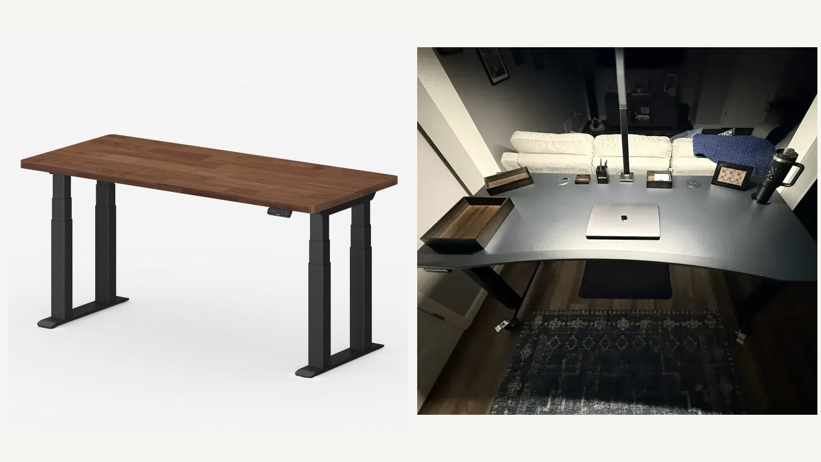 FlexiSpot E7 Plus Max product image alongside Matt's UPLIFT V3 4-Leg workstation photo