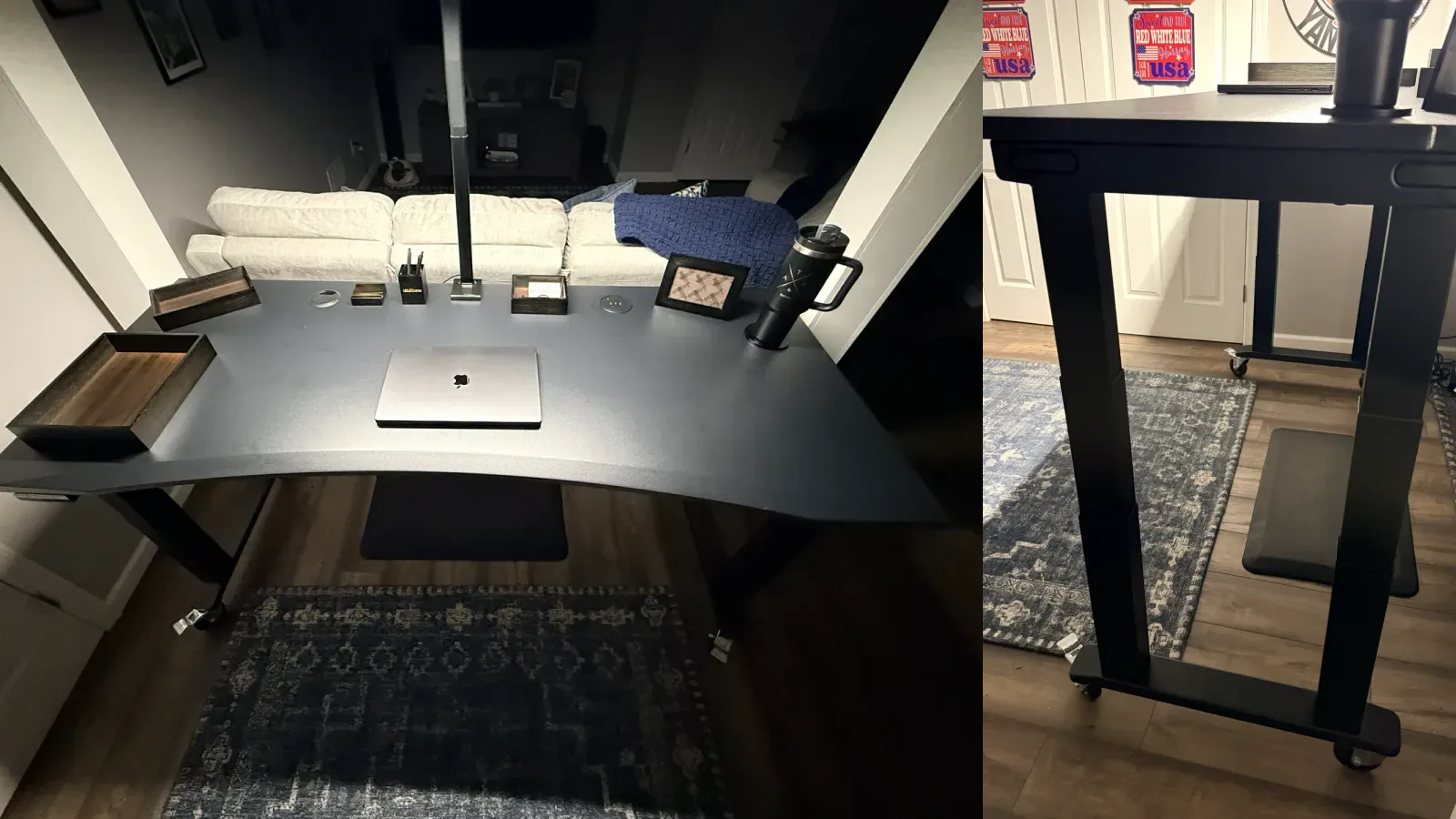 Two views of a black UPLIFT V3 4-Leg Standing Desk showing its curved 72 by 30 inch desktop and four-column frame
